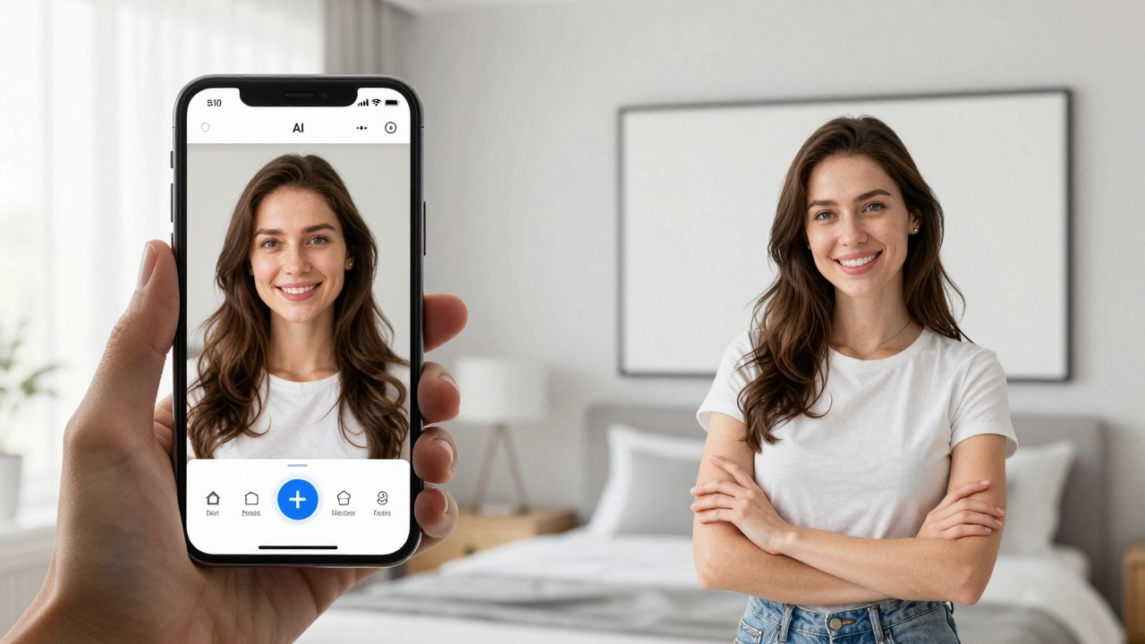 Before-and-after AI photo enhancement shown side by side on phone and wall screen.