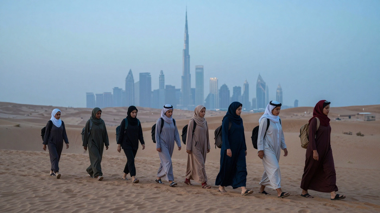 Diverse women walking through a desert oasis at dawn, with Dubai&#039;s skyline in the distance.