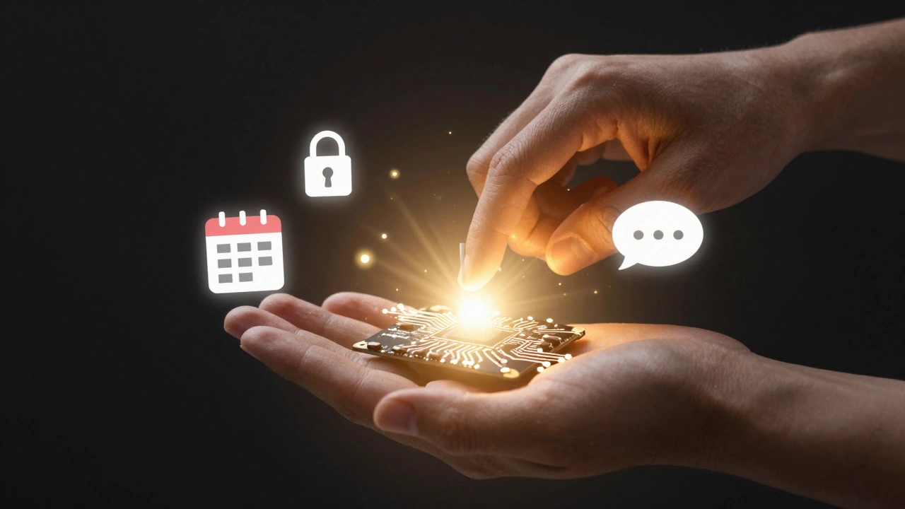 Human hand receiving AI interface icons symbolizing safety, scheduling, and screening.